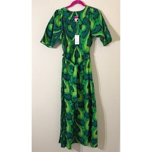 NWT Flora Bea NYC Belted Vale Maxi Dress In Green Psychedelic Swirl Print Small